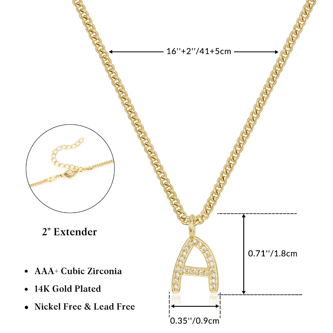 14K Gold Plated CZ Initial Letter Pendant Necklaces Cuban Chain