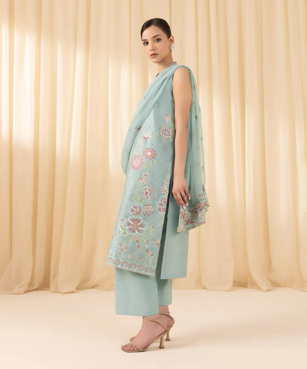 3 Piece -  Embroidered Cotton Net Suit