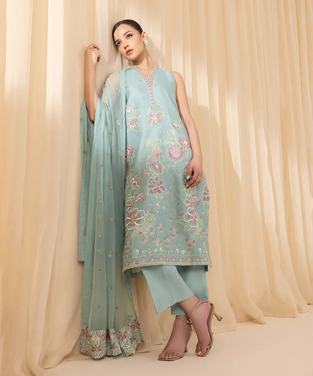 3 Piece -  Embroidered Cotton Net Suit