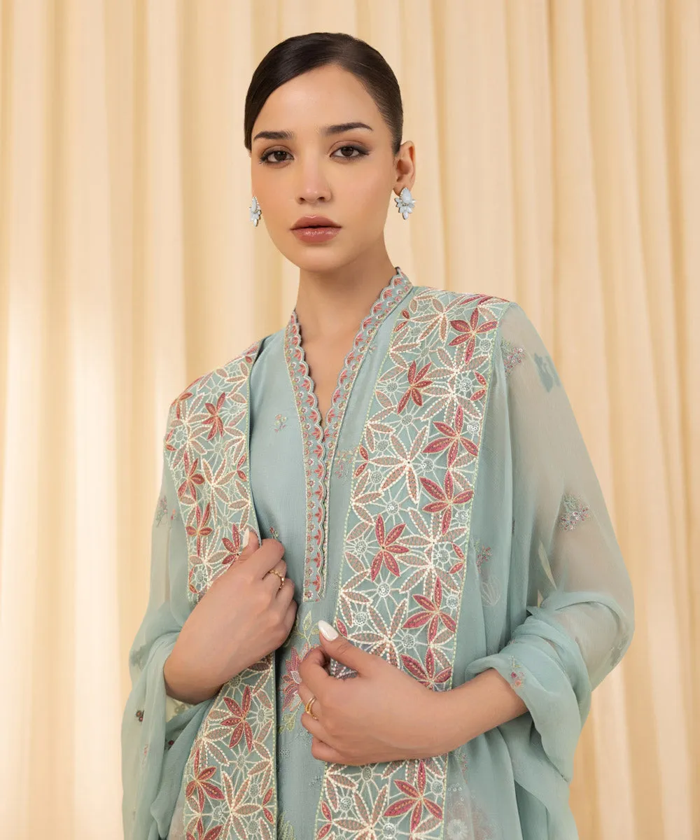 3 Piece -  Embroidered Cotton Net Suit