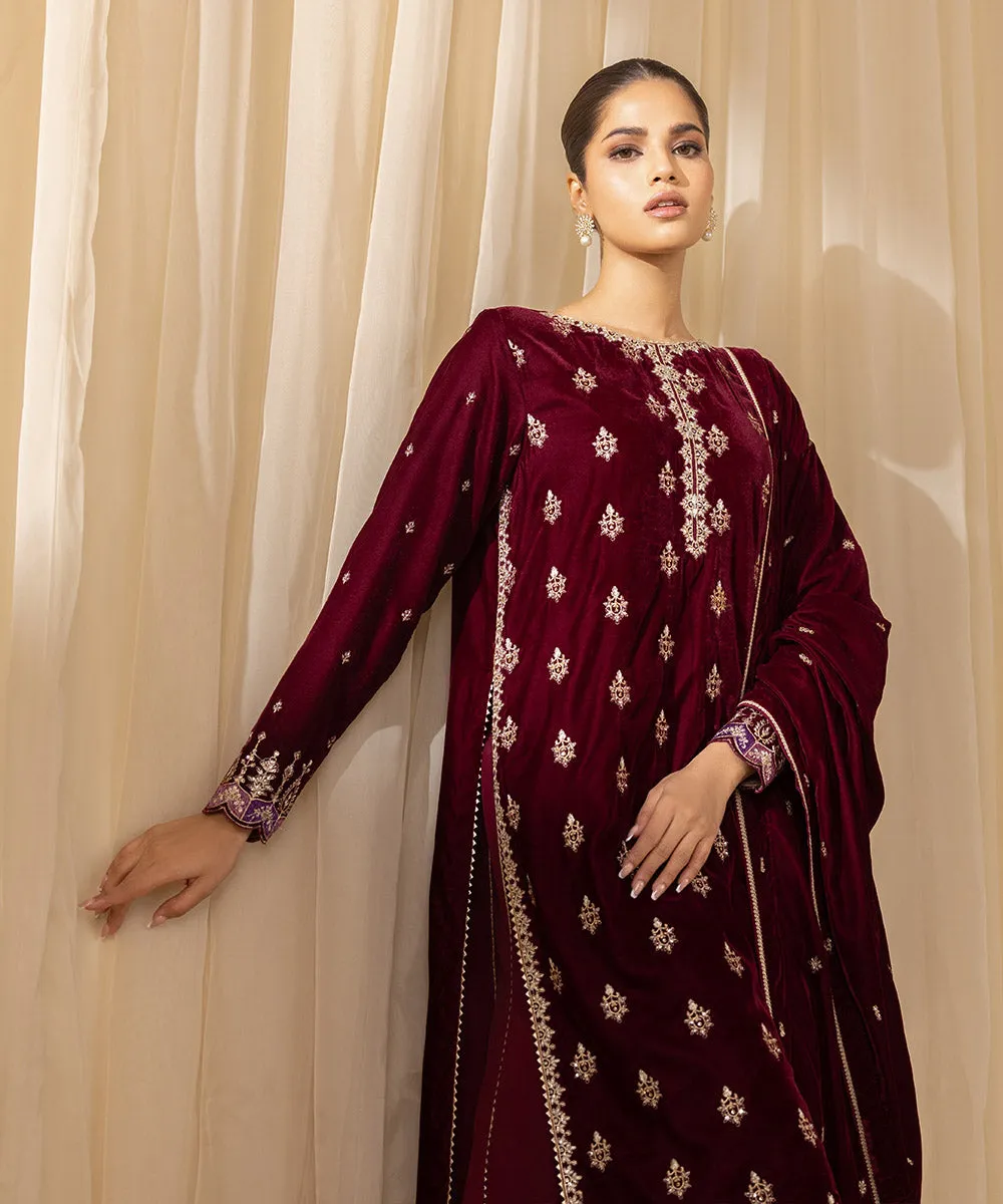 3 Piece -  Embroidered Velvet Suit