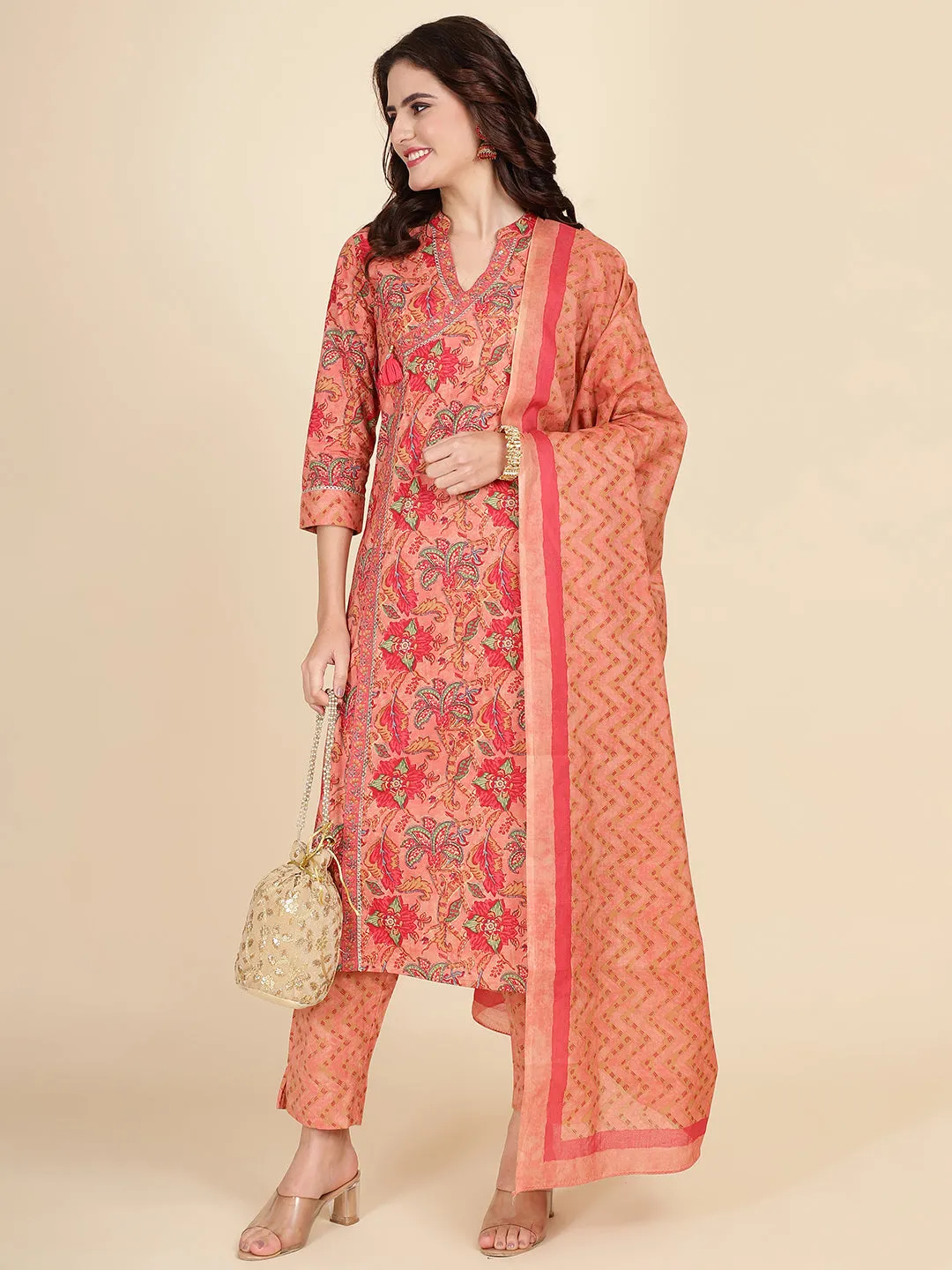 Block Print Cotton Suit Set With Dupatta