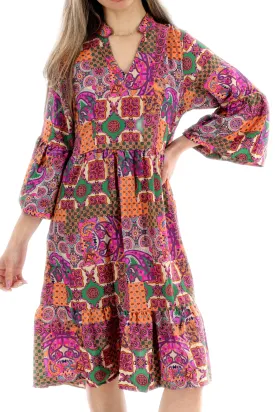 Flowy Paisley "Capri" Above Knee Dress Pink Multi