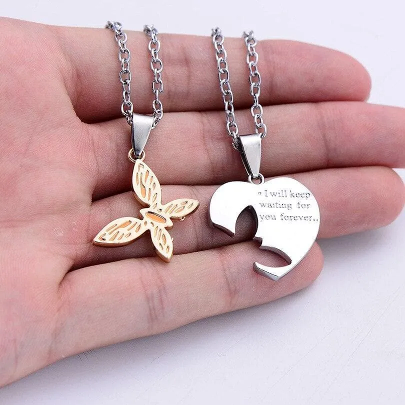 Interlocking Heart and Butterfly Couple Necklaces