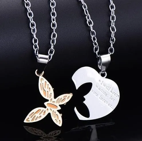 Interlocking Heart and Butterfly Couple Necklaces