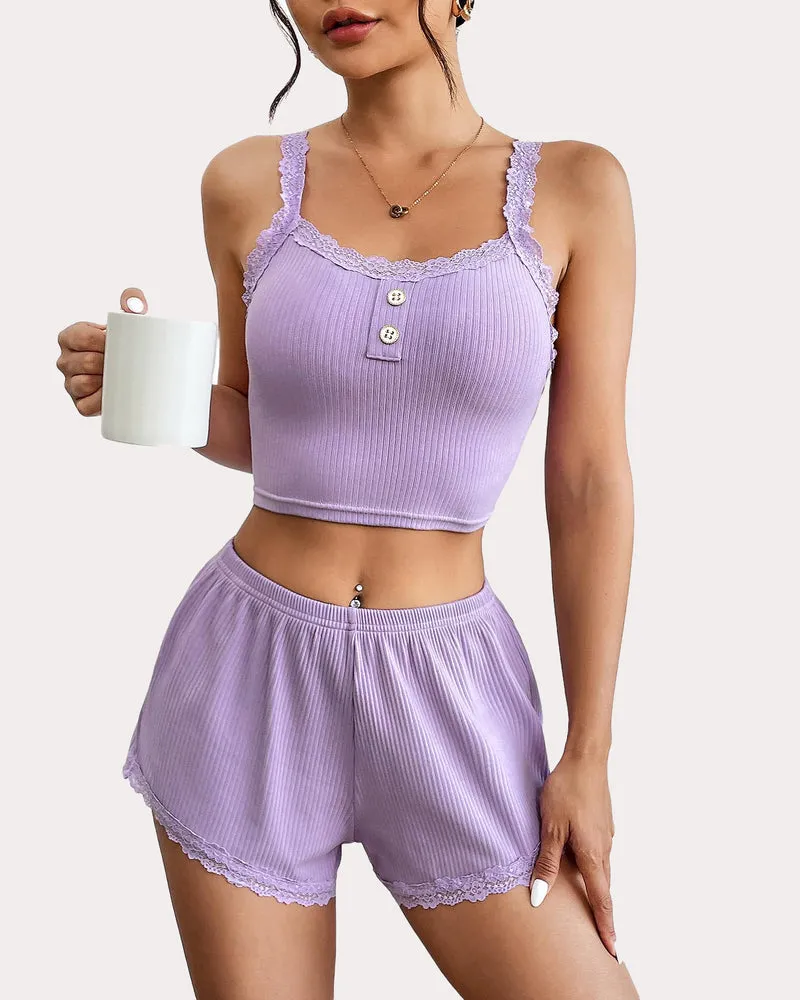 Lace Trim Pajamas Set Ribbed Shorts Pjs Sets