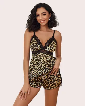 Leopard Print Pajama Sets Satin Silk Cami Shorts Set